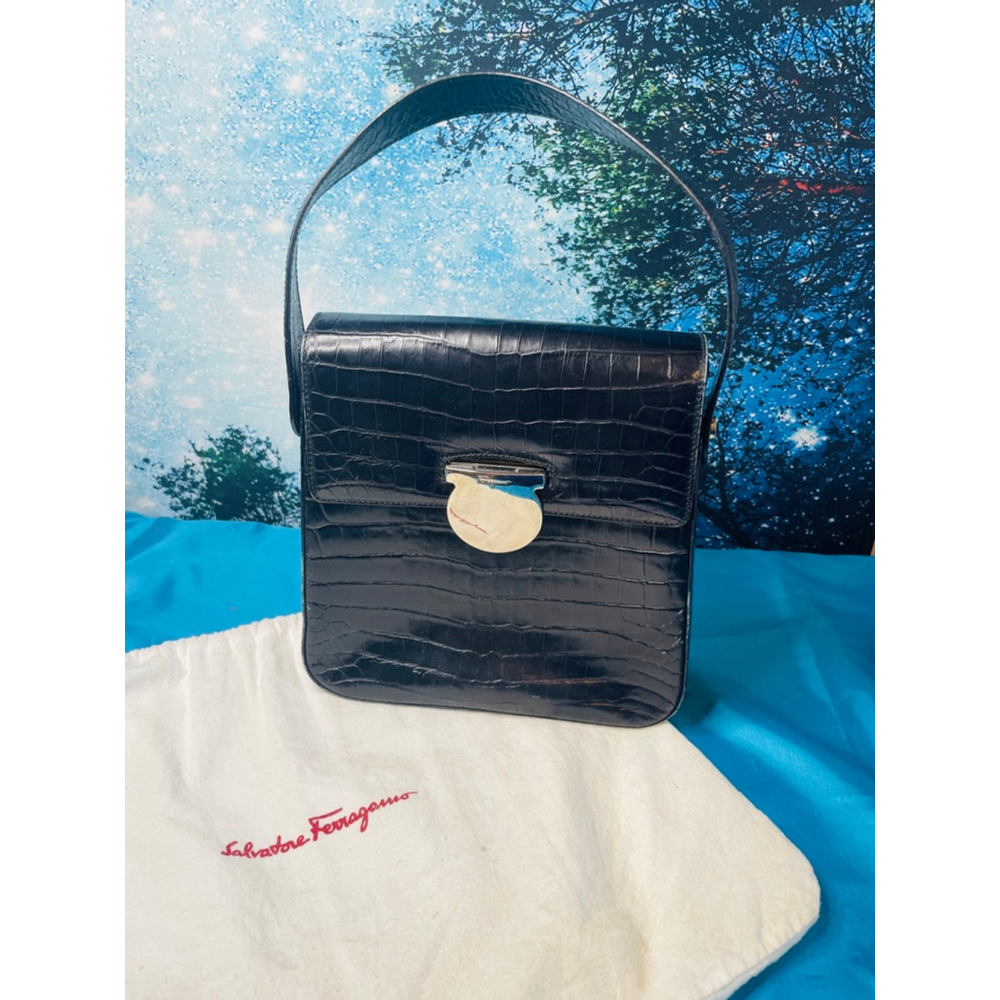 Salvatore Ferragamo Vintage Black “Crocodile” Leather Bag A real Stunner EC